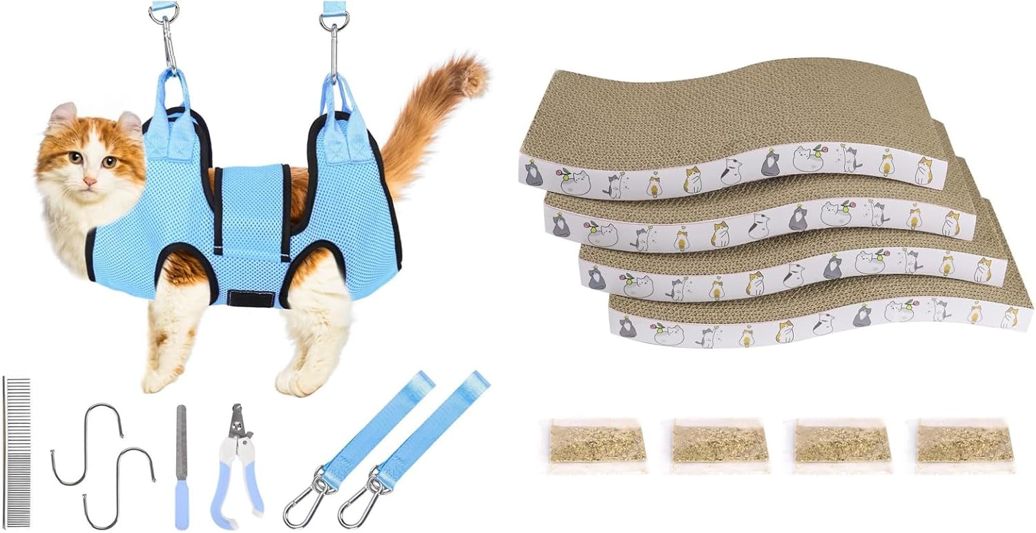 PatiencET Bundle of Cat Grooming Hammock for Nail Trimming Pet and 4 Pack Cat Scratch Pad