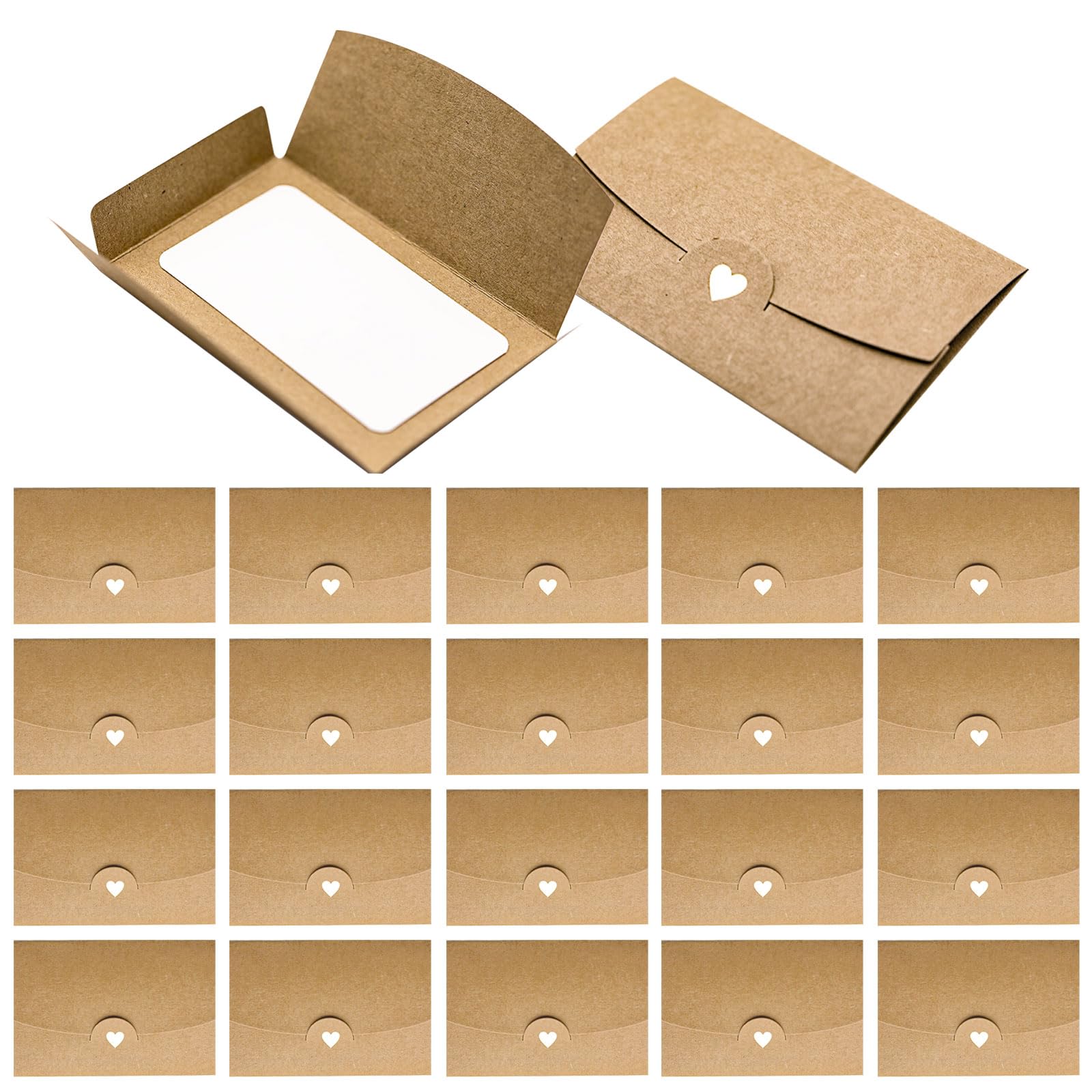 14 Buste Di Carta Kraft Con Chiusura A Cuore E Cartoncini Bianchi - 10,5x7,1 Cm - Per Regali Fai Da Te, Compleanni E San Valentino