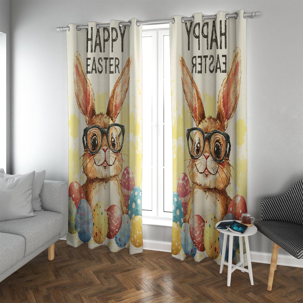 Rideaux occultants Lapin de Pâques motif aquarelle chambre bébé 2 panneaux