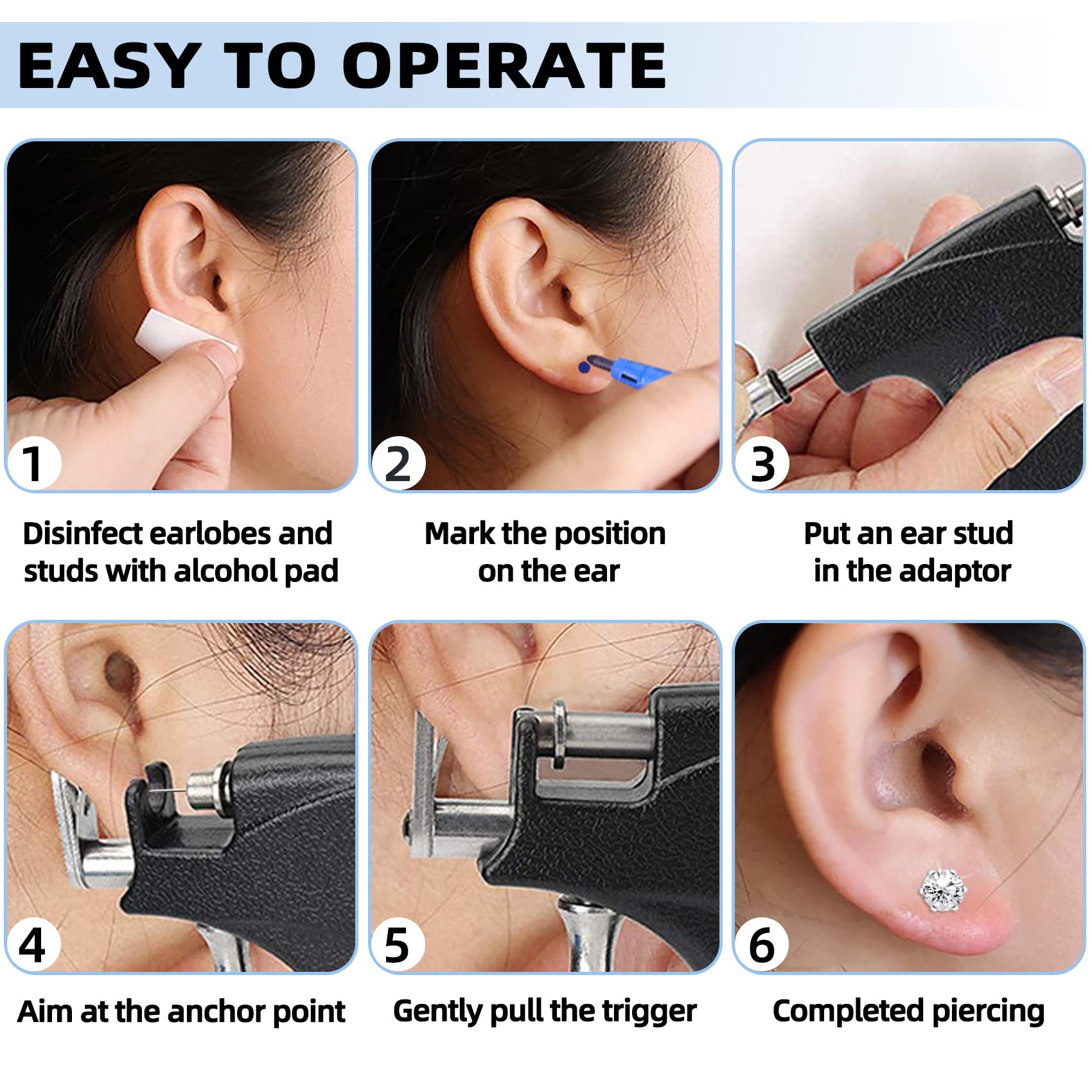 Professional Ear Piercing Kit with 18 Pairs of Silver CZ Stones Ear Stud Earrings with Multi-Purpose Black Ear Piercing Gun with 8 Alcohol Pads for Salon and Home Use