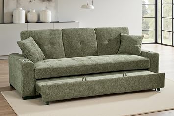 3 Seater Pull Out Sofa Bed Double with Cup Holders CHARLES - Green Click Clack Sofa Bed for Adults in Durable Textured Chenille Fabric with Drop Table and Accent Pillows, 184 x 160 Sleeping Area