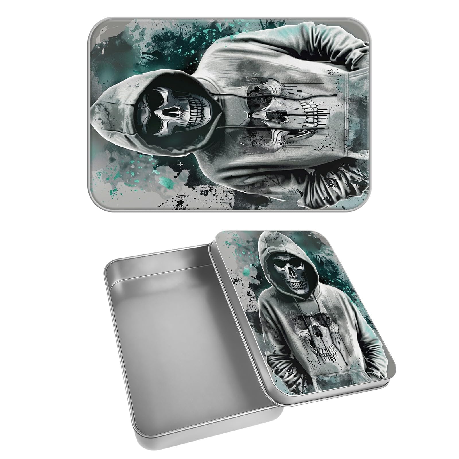 Rectangular Metal Tin Box with Removable Lid, Skull Human Decorative Printed Metal Storage Container for Cash Ticket Credit Card Check 3.46 x 2.36 x 0.7 inch– Single Pack