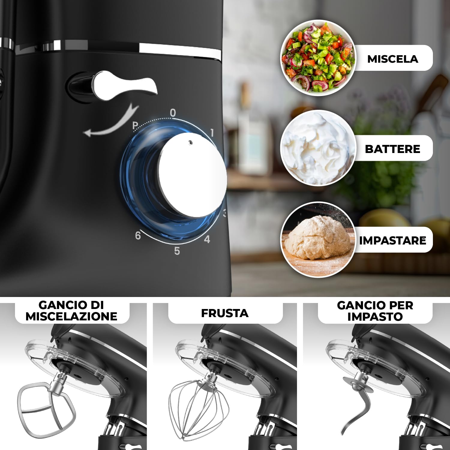 Impastatrice Planetaria con Macchina per la Pasta – 2000W – Robot da Cucina con Macchina per Pasta Fresca – Macchina Pasta - 6,2L Ciotola in Acciaio Inossidabile (Nero)