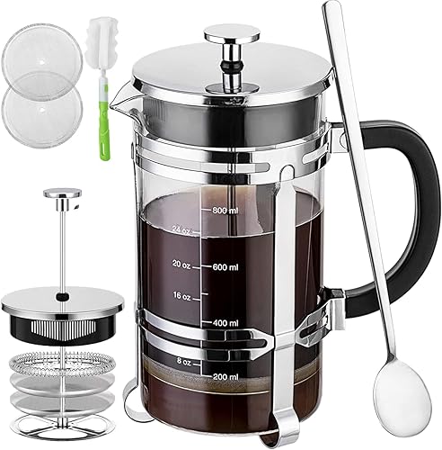 Cafetera de prensa francesa (21 onzas) con 4 filtros, acero inoxidable duradero 304, prensa de café de vidrio borosilicato resistente al calor, sin