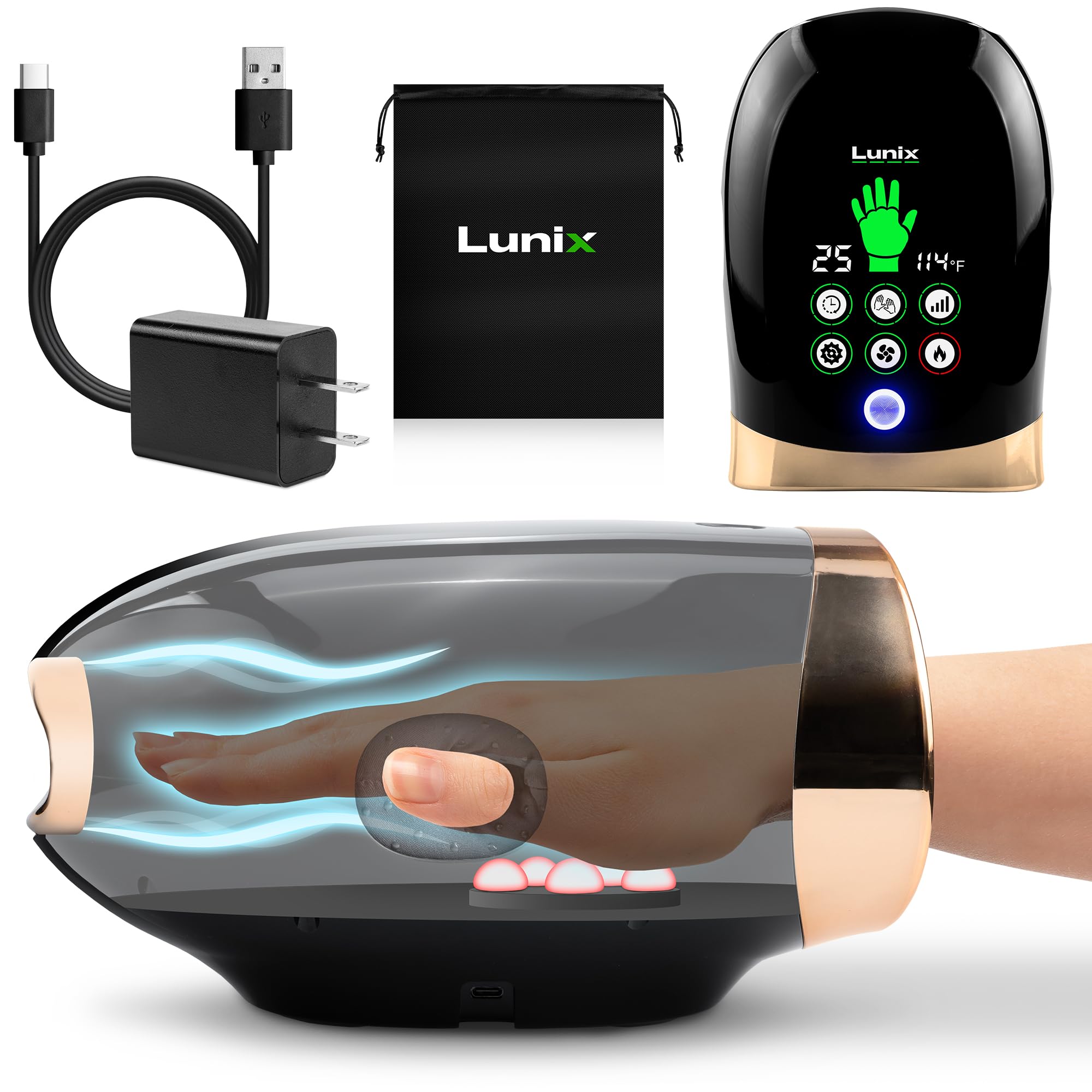 Lunix LX30 Rolling Hand Massager Kneading Compression Heat Cooling Fan Finger Wrist Pain Relief Cordless Rechargeable Charcoal Black