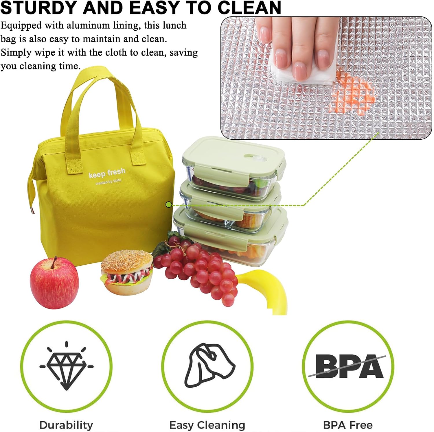 Mziart Insulated Lunch Bag, Simple Cute Lunch Box for Women Men, Yellow image 3