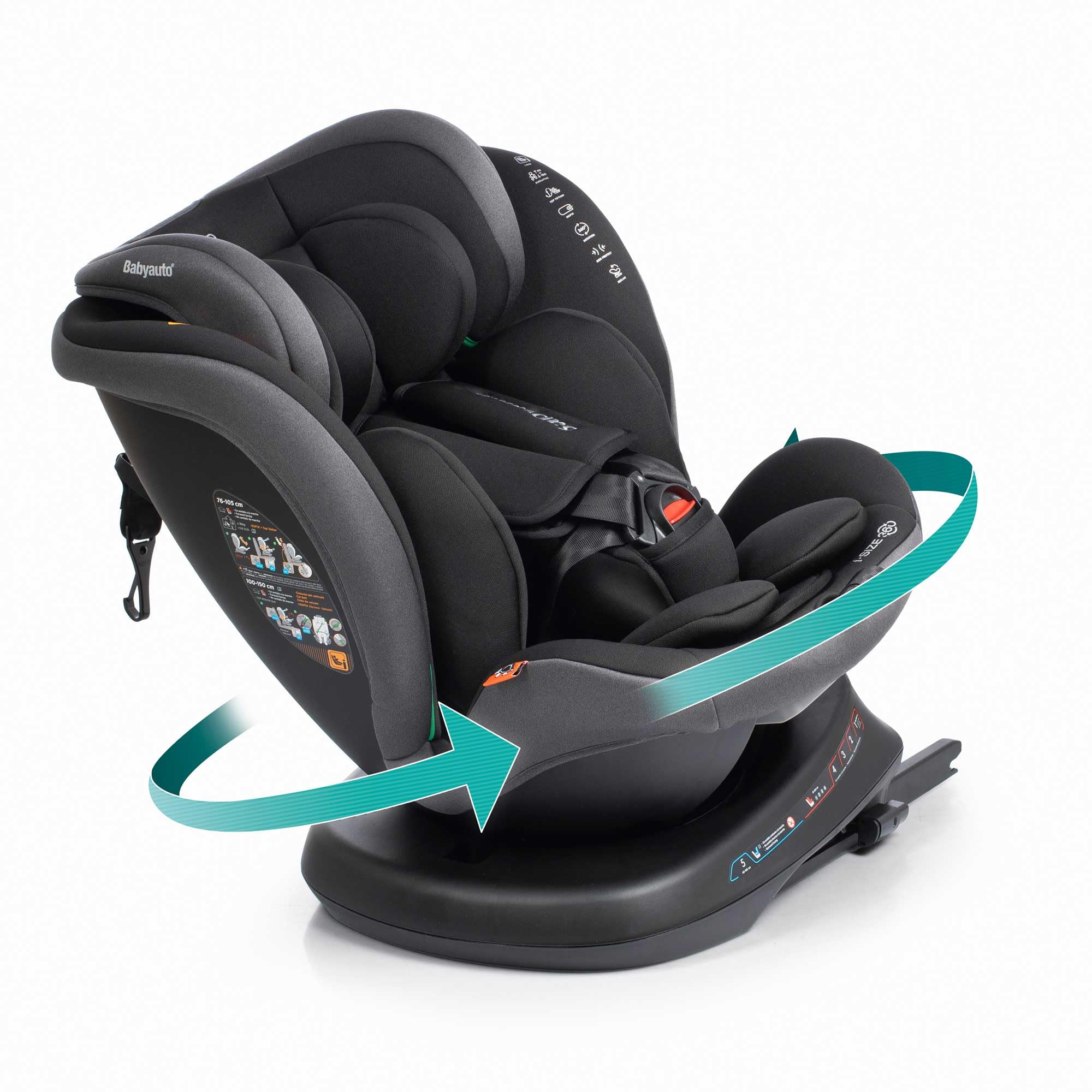 BABYAUTO – Silla de Coche Rodia Plus i-​Size (0-​12 Años, 40-​150 cm, 0-​36kg) – A Contramarcha hasta 105 cm – Rotación 360° – ISOFIX – Protección Lateral – Reclinable y Evolutiva – Stone Grey