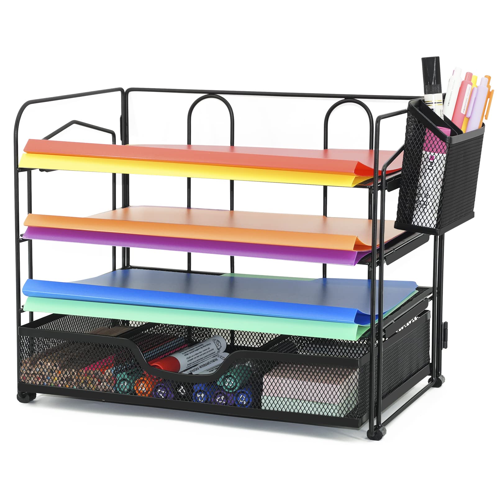 Neudeco Desk Organizer, 4 Trays Mesh Desk Paper Letter Tray Organizer with Drawer and 6 Plastic File Folders Included for Home, Classroom, Office Organization