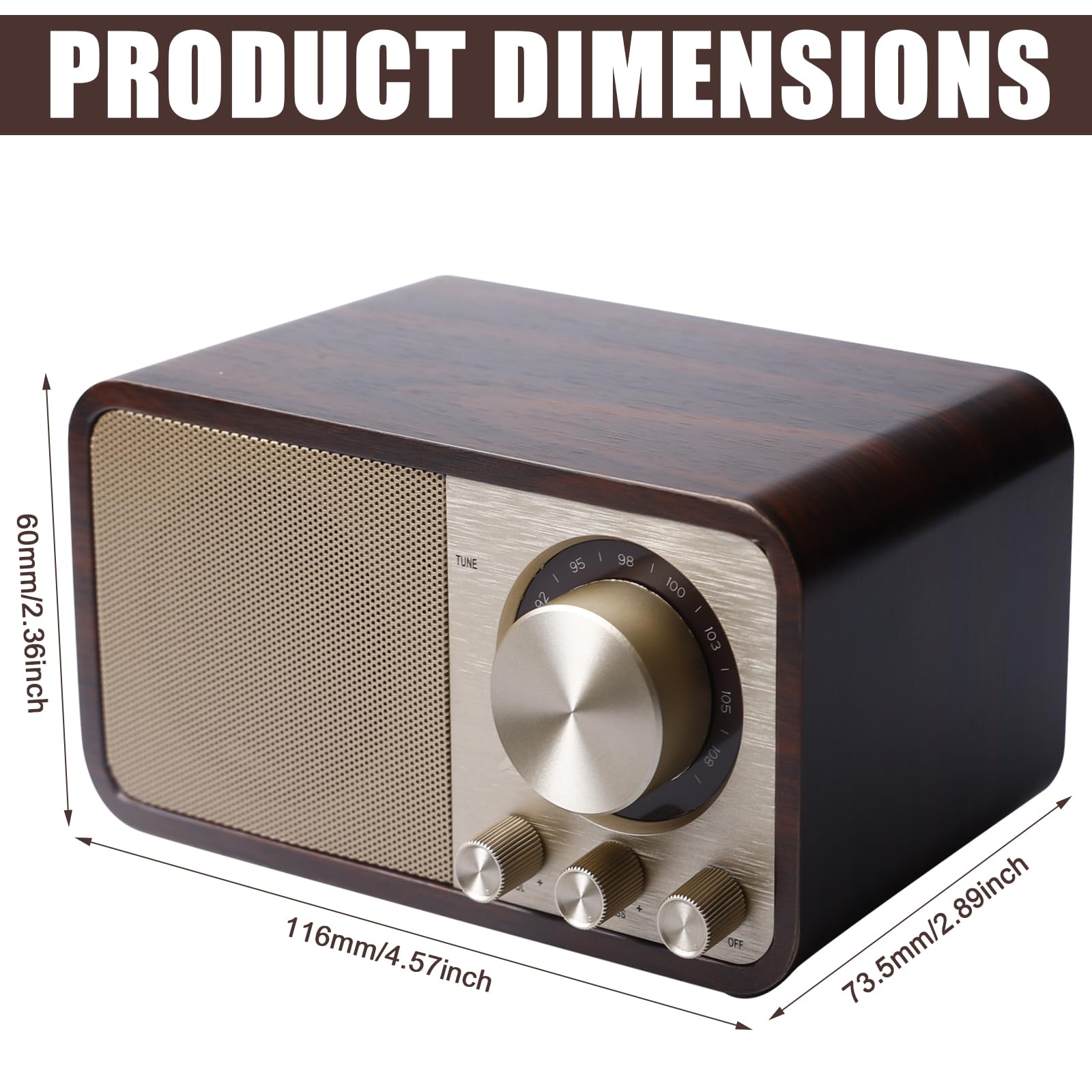 Radio retro con Bluetooth, radio nostálgico recargable con batería de 1500mAh, USB/tarjeta TF/AUX, altavoz de 5W con aspecto de madera vintage para cocina/dormitorio/oficina