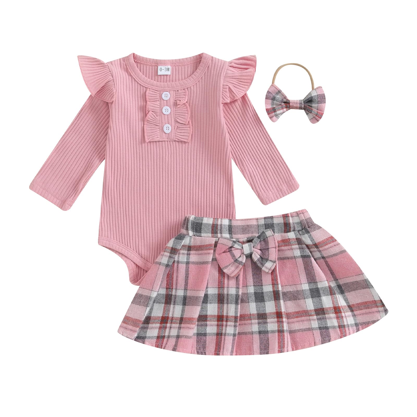 Gaono Newborn Baby Girl Fall Winter Clothes 3 Piece Skirt Set Ribbed Knit Ruffle Long Sleeve Solid Romper Plaid Skirt Outfits (A-Pink, 6-9 Months)