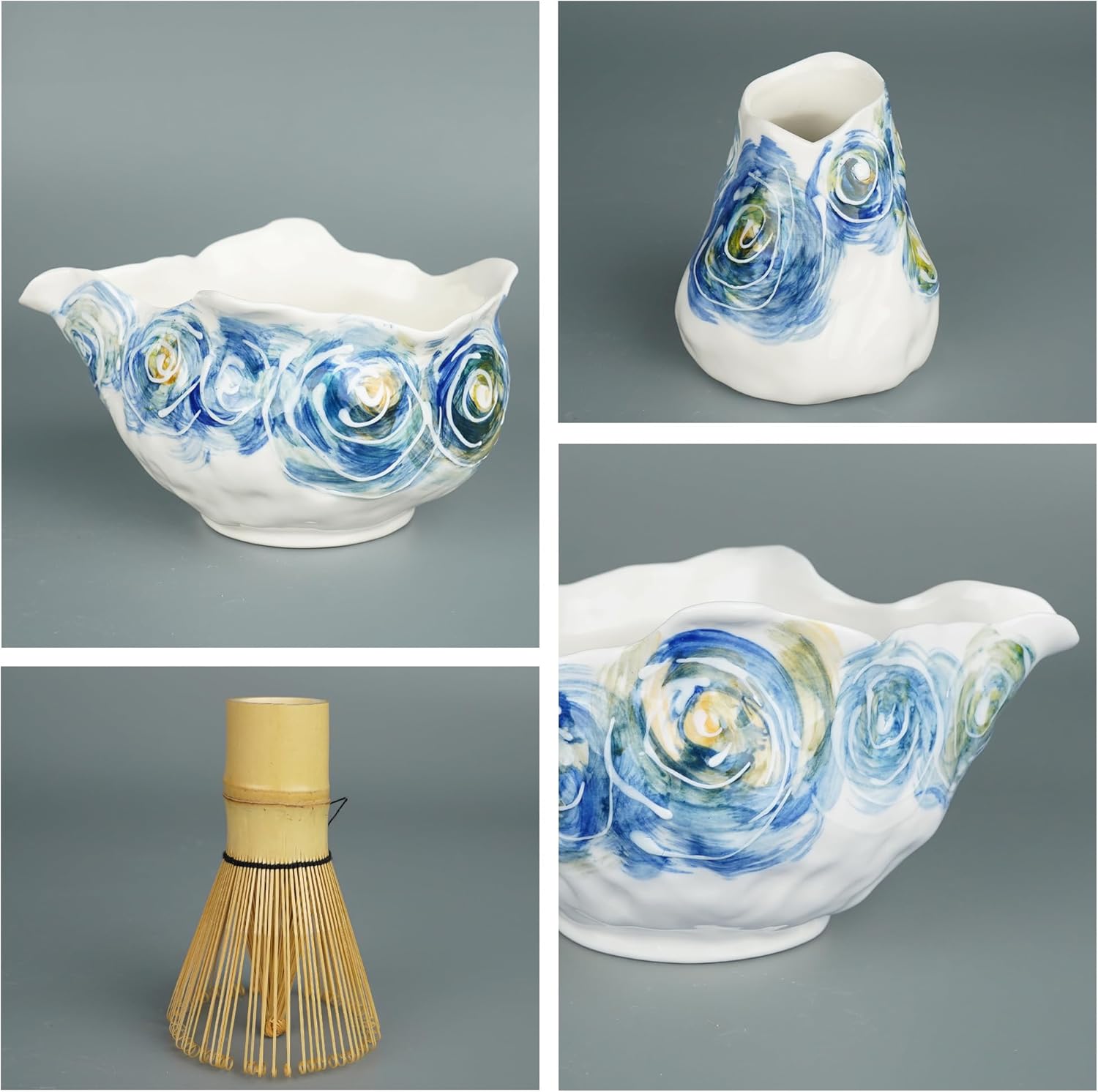 Matcha Whisk Set, Matcha Set Includes Ceramic Matcha Bowl, Bamboo Whisk, Scoop, Chasen Holder, Sifter, 5 Pcs Perfect Matcha Kit for Valentine's Day Gift & Macha Lover(Starry Sky Blue)