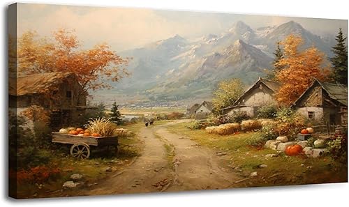 Miniatura 43 de 24"x 48" Fall Canvas Wall Art Highland Cow Rustic Vintage Forest Landscape Farmhouse Autumn Framed Pictures Painting Print Large Wall Art for Living
