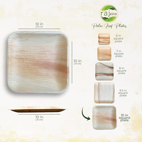 Miniatura 2 de Raj - Platos de hoja de palma paquete de 200 unidades Platos cuadrados de 10 pulgadas como platos de bambú desechables, fuertes, decorativos y