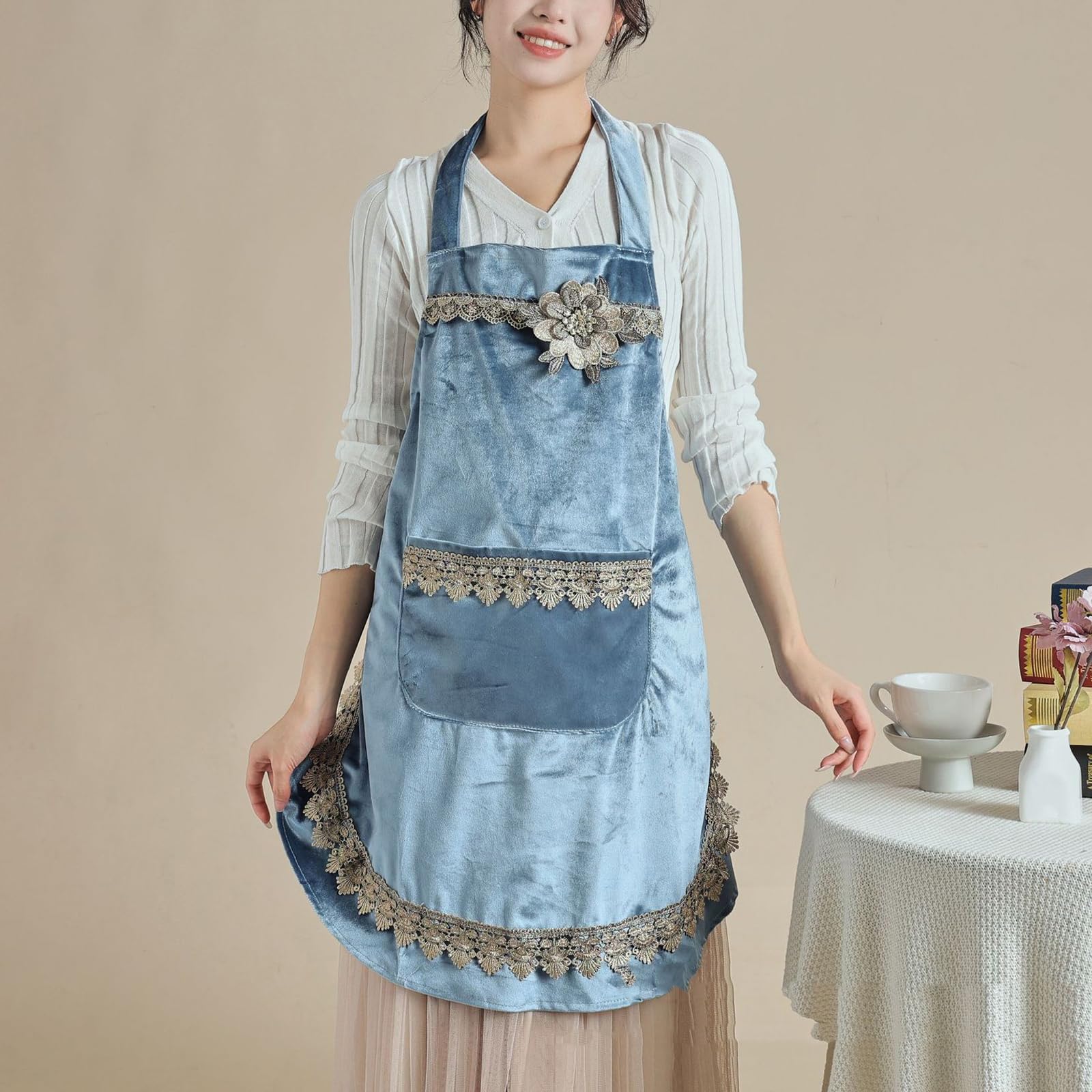 2pcs Grembiule da Cucina da Donna in Stile Giapponese Grembiule con Tasche per Negozio di Fiori caffè Artigianato Cottura Grembiuli Blue,One Size
