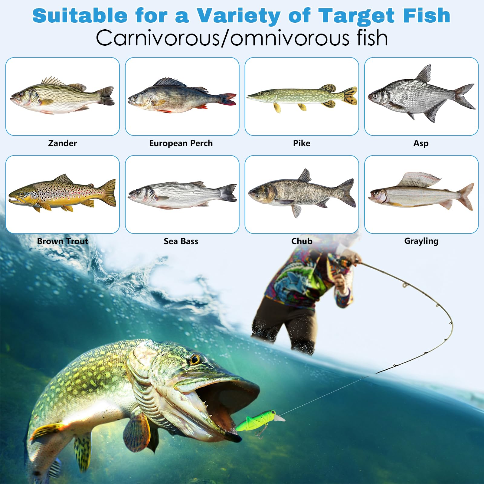 Juego de 153 señuelos de pesca con 29 variantes y caja de cebo – Wobbler, peces de goma, spinner para agua dulce y salada – Juego completo para principiantes y profesionales