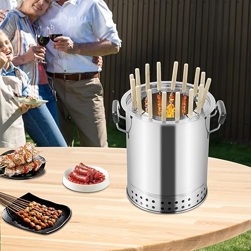 Miniatura 8 de Barbacoa sin humo, parrilla de barril de carbón envolvente de acero inoxidable, parrilla de carbón portátil con 30 pinchos y accesorios de parrilla