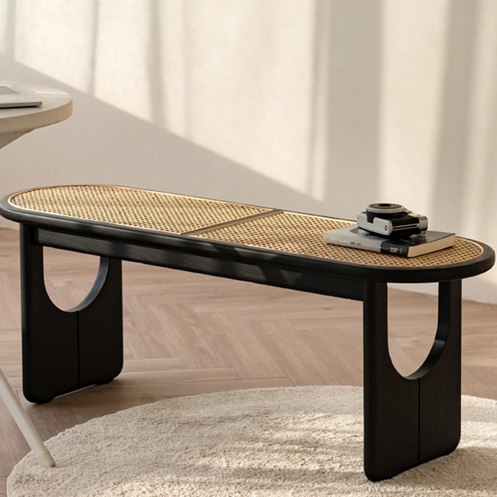 Banc de Salle à Manger, Banc en Bois, Banc d'entrée tissé, Banc en Bois de Ferme, Bancs de Table Coin Arrondi, Banc d'extrémité de lit, Stabilité structurelle(Brown)