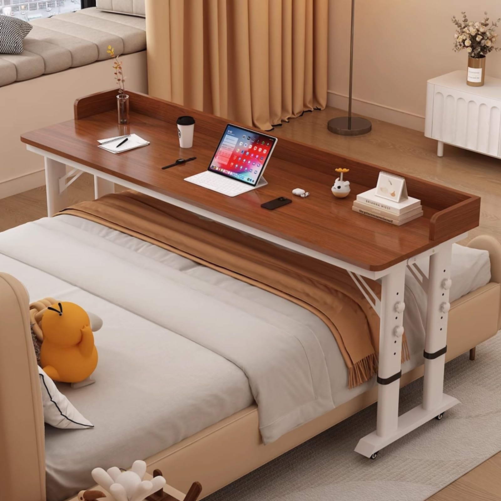 Overbed Desk Laptop Desk Laptop Cart with Wheels Over Bed Desk Height Adjustable Overbed Table with Wheels for Hospital and Home Use(Brown,140 * 50cm/55.1 * 19.7in)