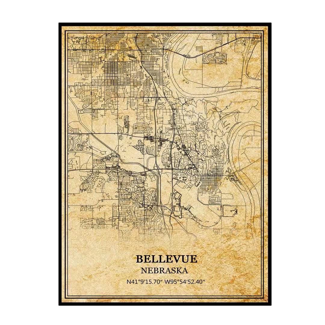 TANOKCRS Bellevue Nebraska USA Ameryka sztuka ścienna vintage nadruk plakat mapa grafika podróż pamiątka prezent dekoracja domu 50 x 76 cm nieoprawiony