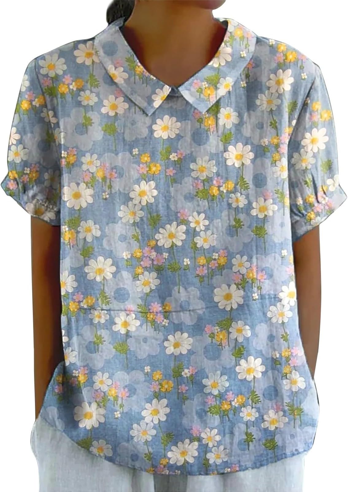 Womens Cotton Linen Shirts Boho Printed Doll Collar Tunic Tops Casual Short Sleeve Dressy Blouses Oversized Tshirts