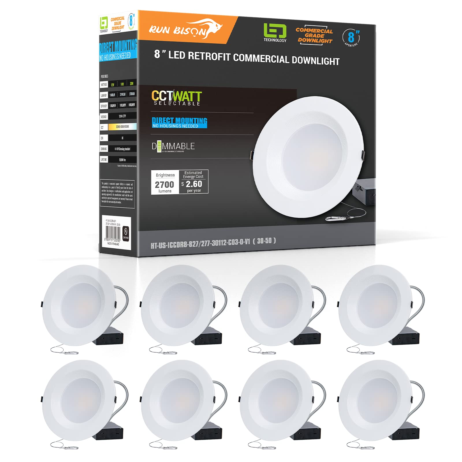 8 Inch Recessed LED Commercial Downlight with J-Box, Wattage Adjustable 16/21/27W,3 Color Selectable 3000K-5000K, 120-277V,0-10V Dimmable, IC Rated,Canless LED Downlight - 8 Pack