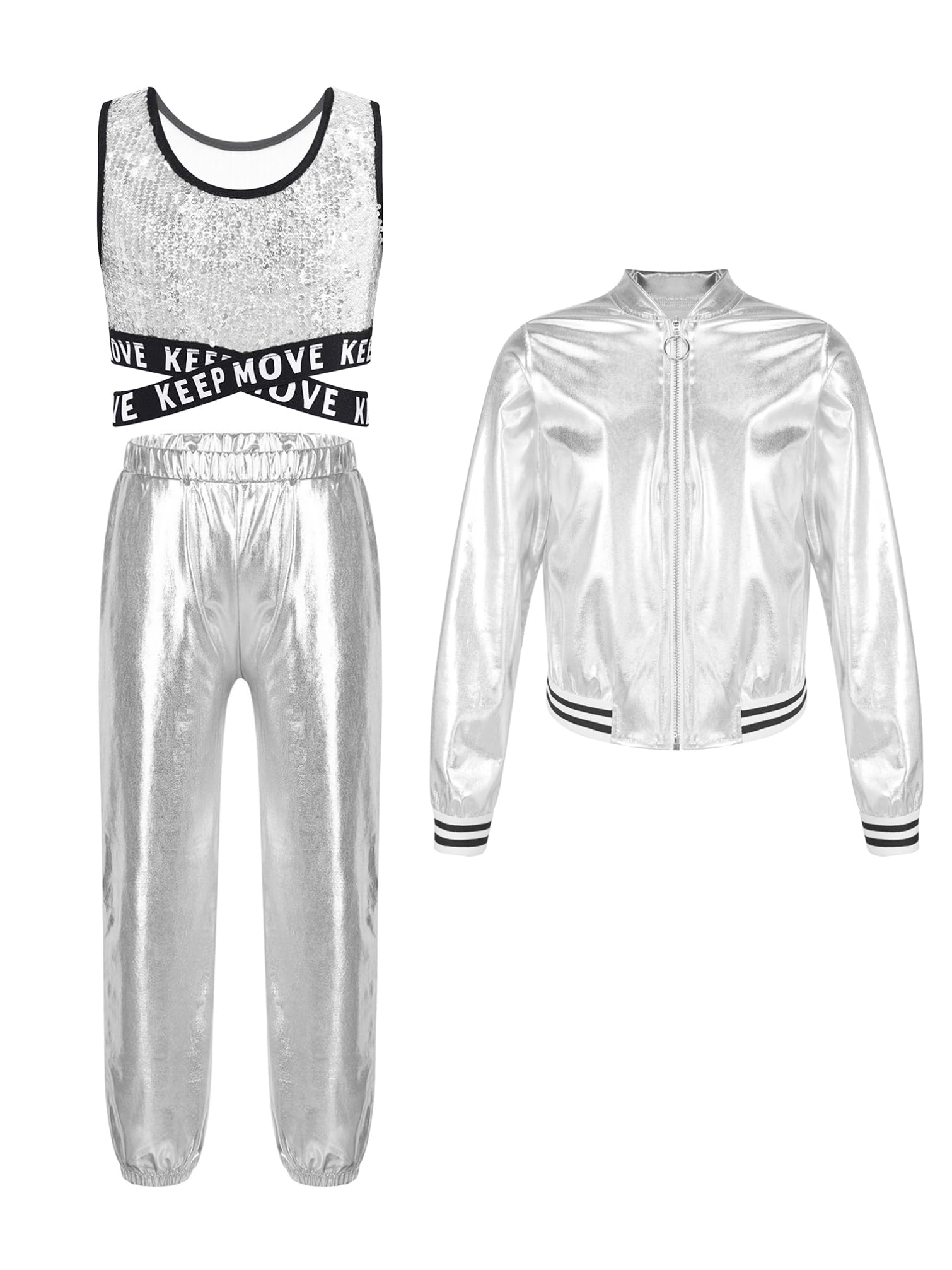 TiaoBug Dziewczęcy dres treningowy w stylu retro w stylu retro metaliczny strój do joggingu, kurtka i spodnie, cekiny, crop top, disco, jazz, strój do tańca