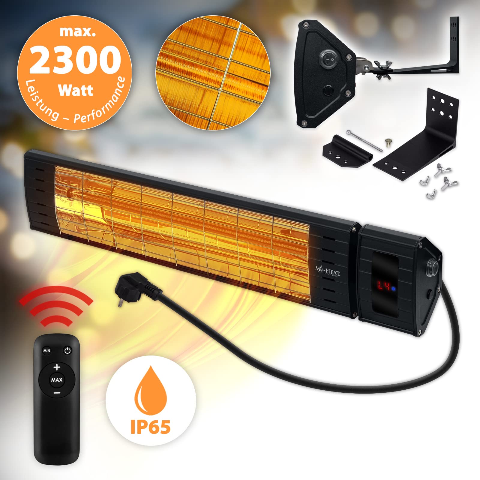 Mi-Heat Promiennik podczerwieni WIH-2300R, 2300 W, 4 stopnie ogrzewania, pilot zdalnego sterowania, metalowa obudowa, IP65 Outdoor