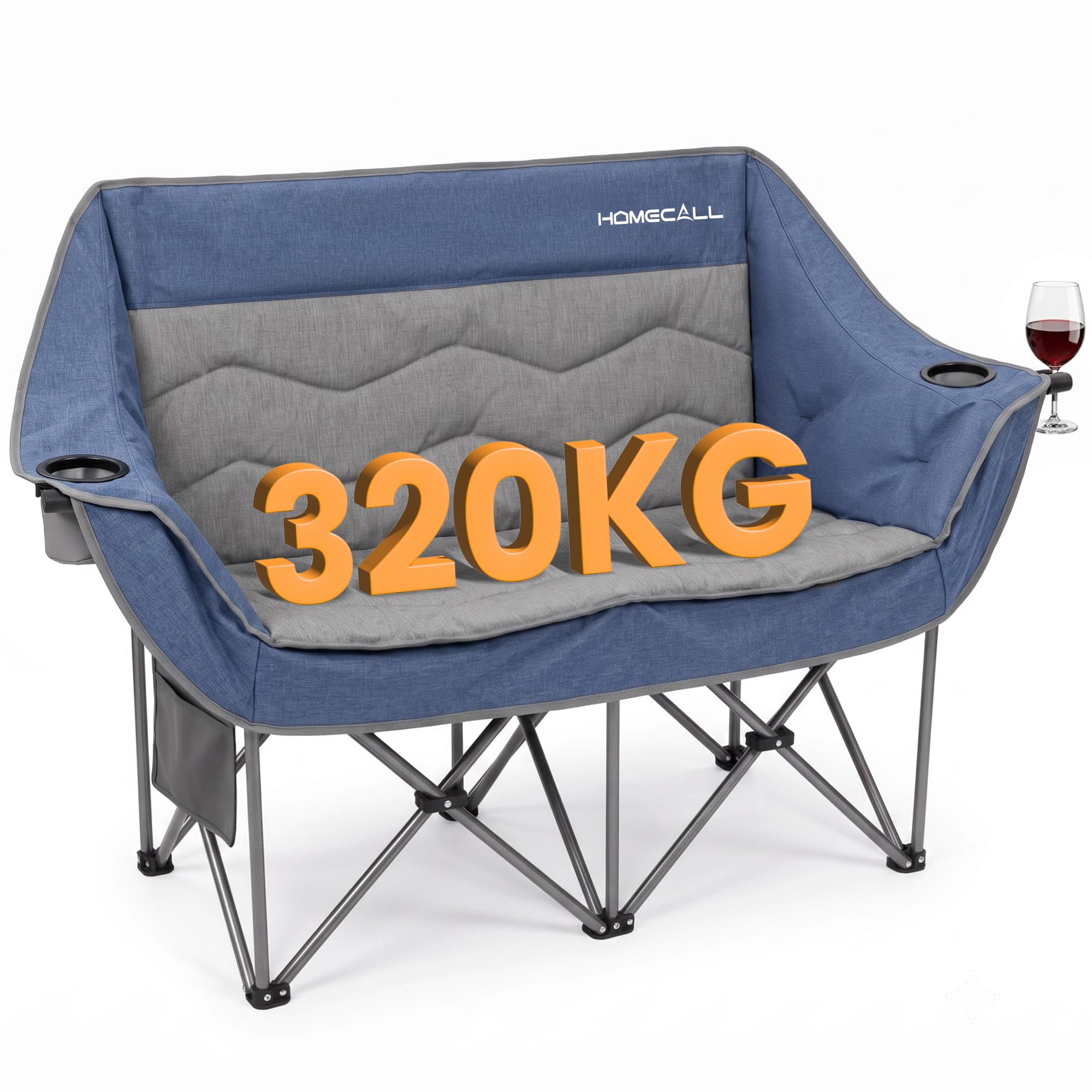 Camping Sofa faltbar XXL für 2 Personen, extra dick gepolstert, bis 320 kg | Luxus Campingcouch mit 107 cm Sitzbreite, hoher Rückenlehne und 2 Getränkehaltern – Campingbank für Camping, Garten & Balkon