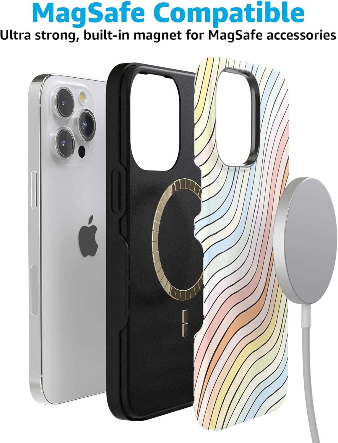 Casely iPhone 14 Pro Case | Ride The Wave | Pastel Rainbow Lined | Bold Protective Design | Compatible with MagSafe