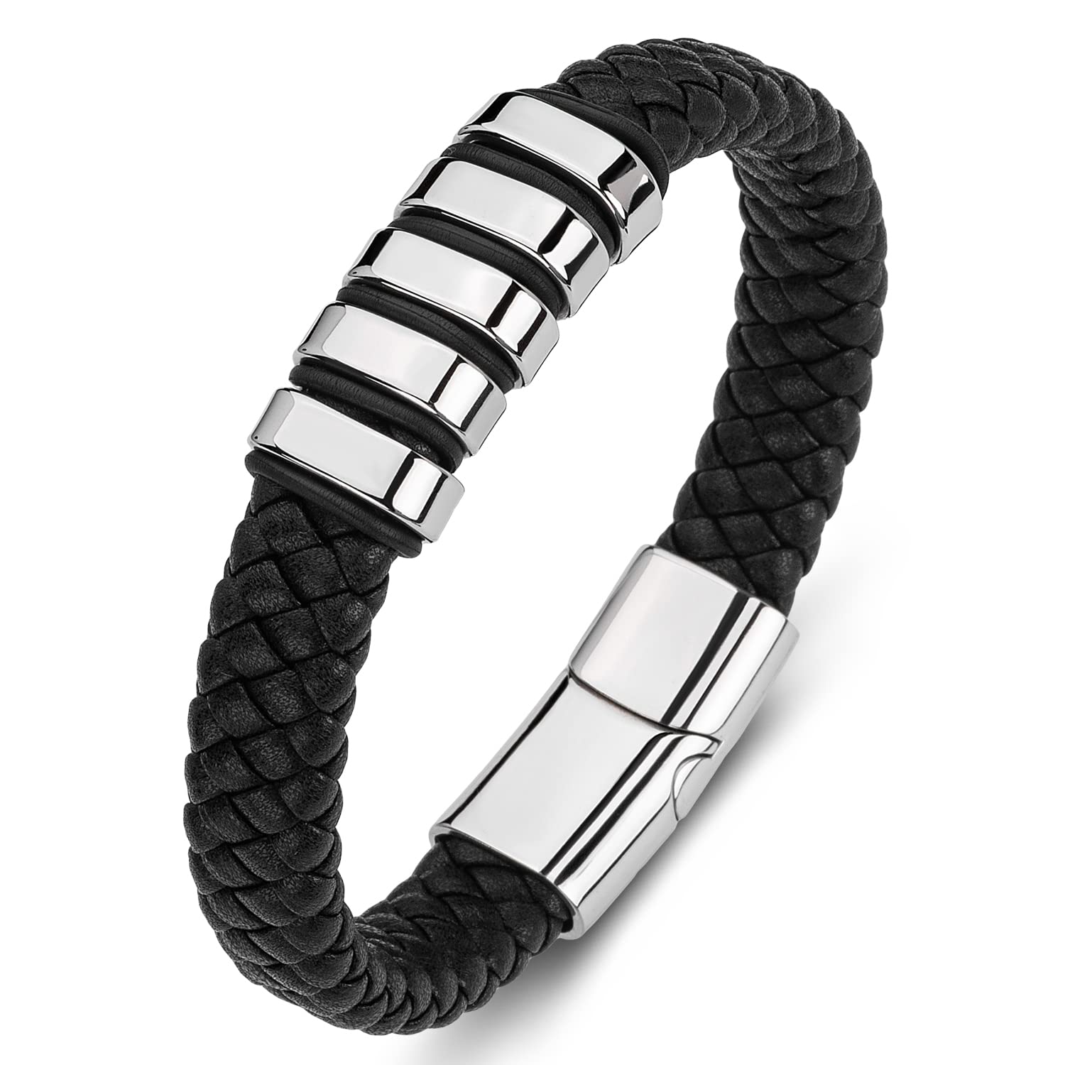 LJWVX Leather Bracelet for Men Braided Cuff Wristband Stainless Steel Clasp in Silver and Gold Jewellery Gift