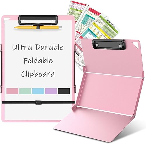 Sooez Portapapeles plegable de enfermería resistente, portapapeles plegable de aluminio de 3 capas con correa elástica, soporte para bolígrafo y