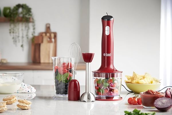 Russell Hobbs Mixeur Plongeant [ 3en1: Mixe, hache, fouet] Blender (Smoothie, sauce, aliments bébé, glace pilée, gâteau etc, lave-vaisselle, Bol doseur 700ml, hachoir 500ml, antiéclaboussure) 24700-56 - 2