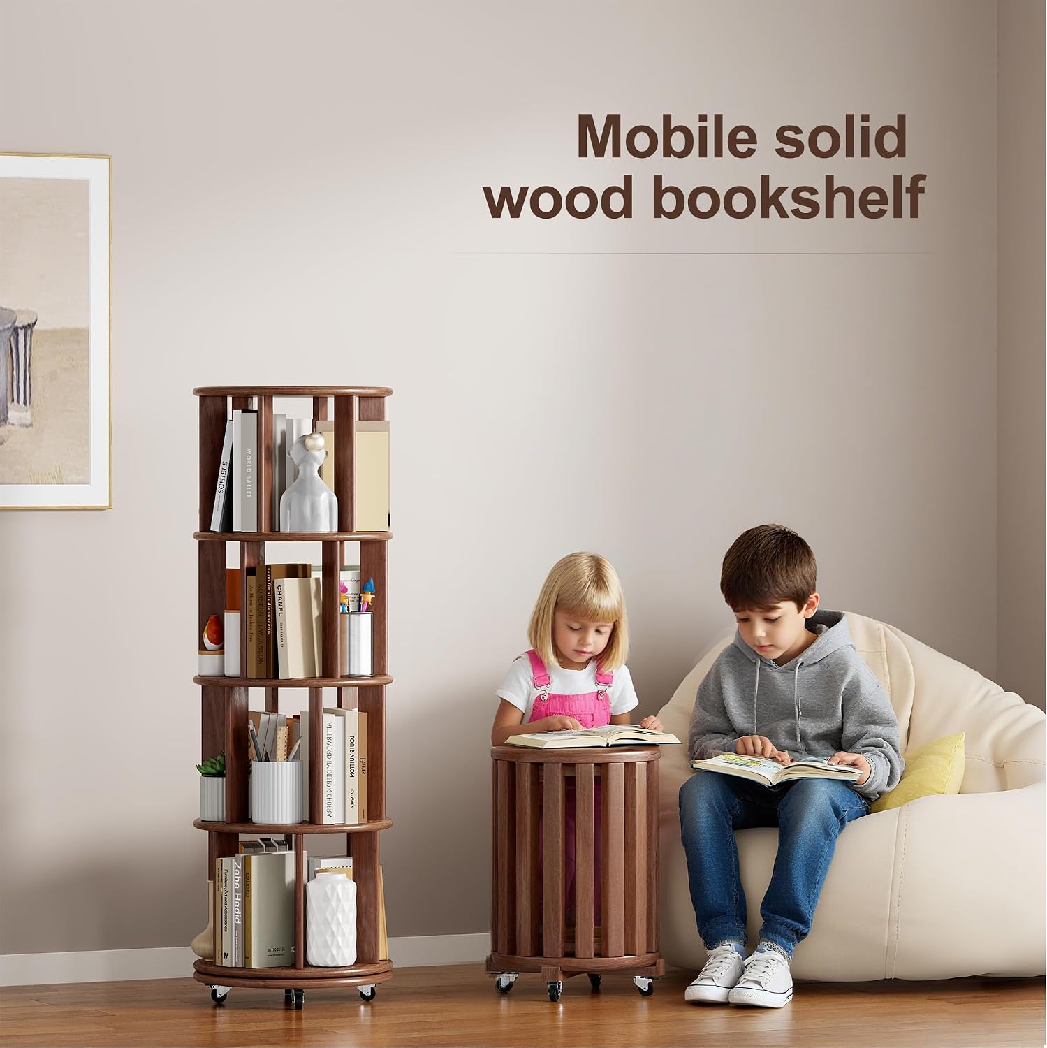 4 Tier Rotating Bookshelf Tower, 360° Revolving Bookcase with Wheels, Round Spinning Book Shelf Kids, Small Corner Bookshelf for Living Room, Home, Office, Walnut