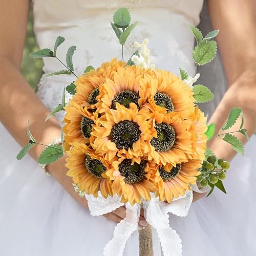 Miniatura 8 de WISTART Girasoles artificiales, 8 piezas de tallo largo de seda sintética, ramo de girasoles grandes para bodas, fiestas, centros de mesa amarillos