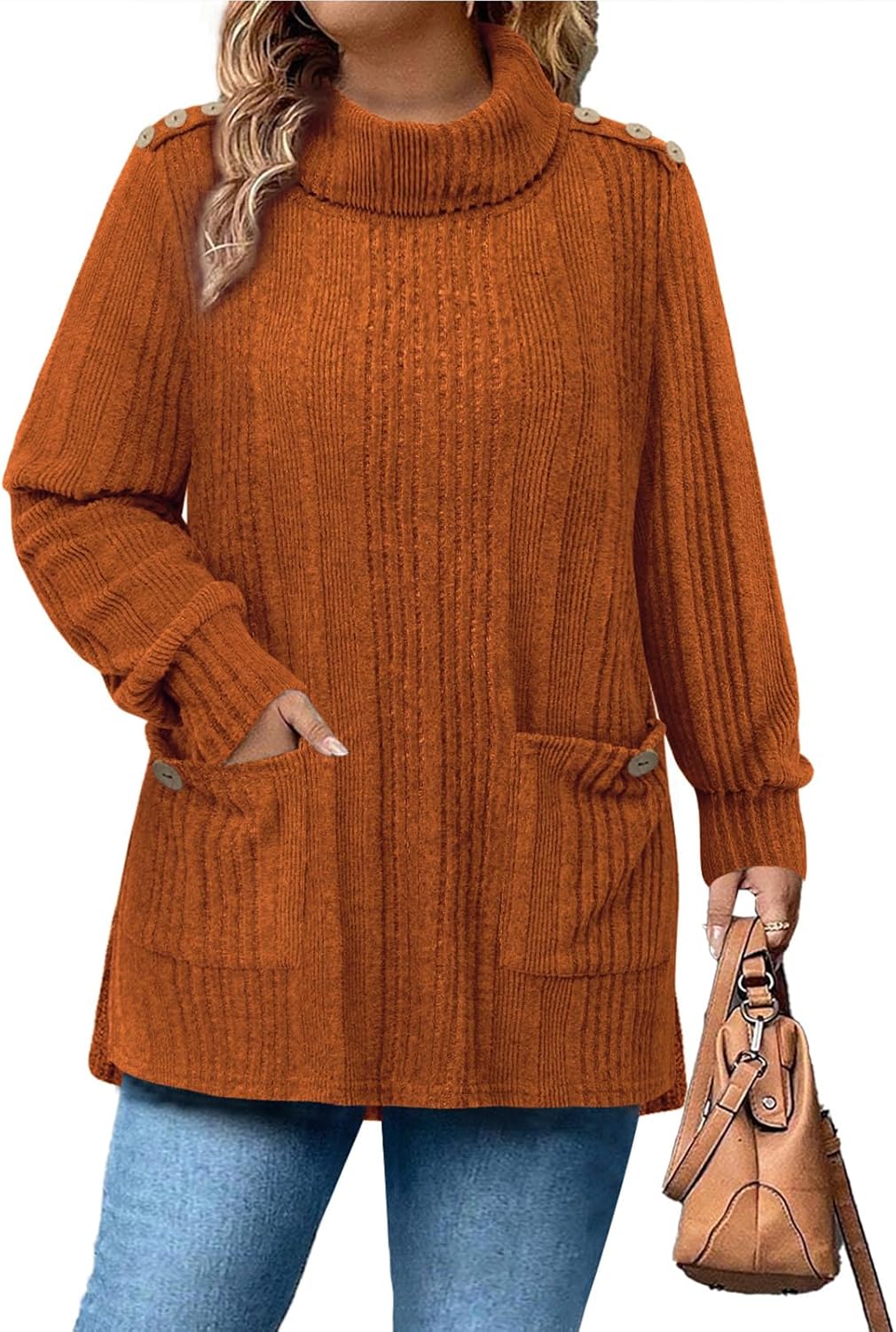 Siddhe Plus Size Clothes for Women Long Sleeve Casual Dressy Tops Loose Fit Turtleneck Lightweight Knit Sweater with Pockets Fall Winter (Caramel,XXXL)