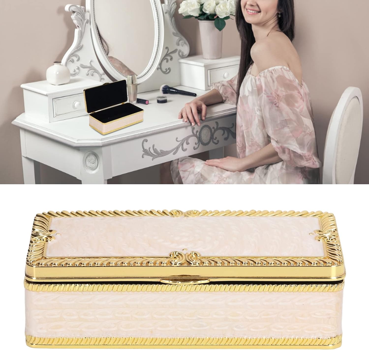 JUOPZKENN ヴィンテージジュエリーボックス 大容量 傷防止 エレガントな長方形ジュエリー装飾ボックス 卓上オーガナイザー リ