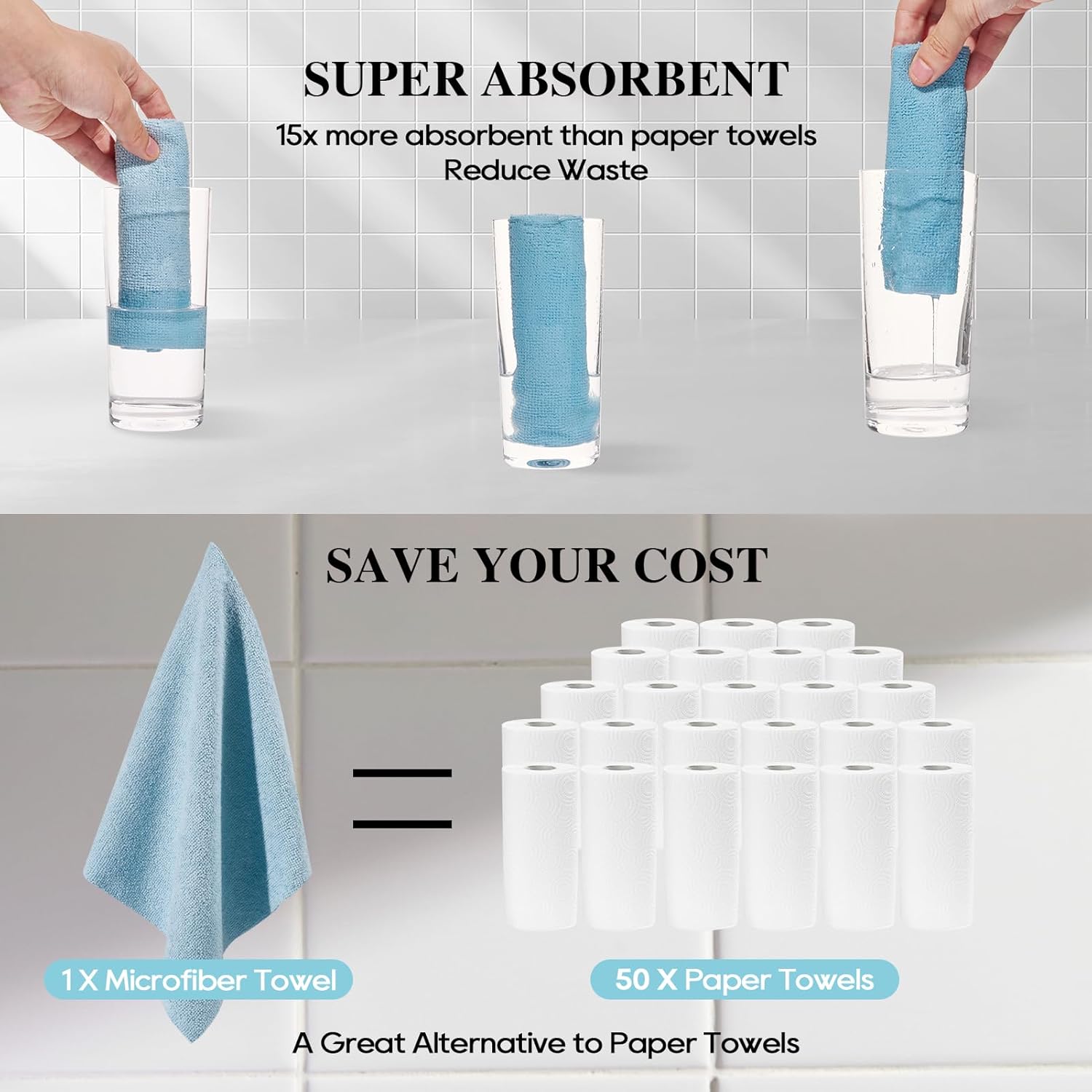 HONOVA Microfiber Cleaning Cloth Roll 90 Pack, Tear Away Microfiber Towels, 12" x 12", Reusable Paper Towels, All Purpose Paper Towels for Kitchen, Window, Car, Shop(Blue&Grey)