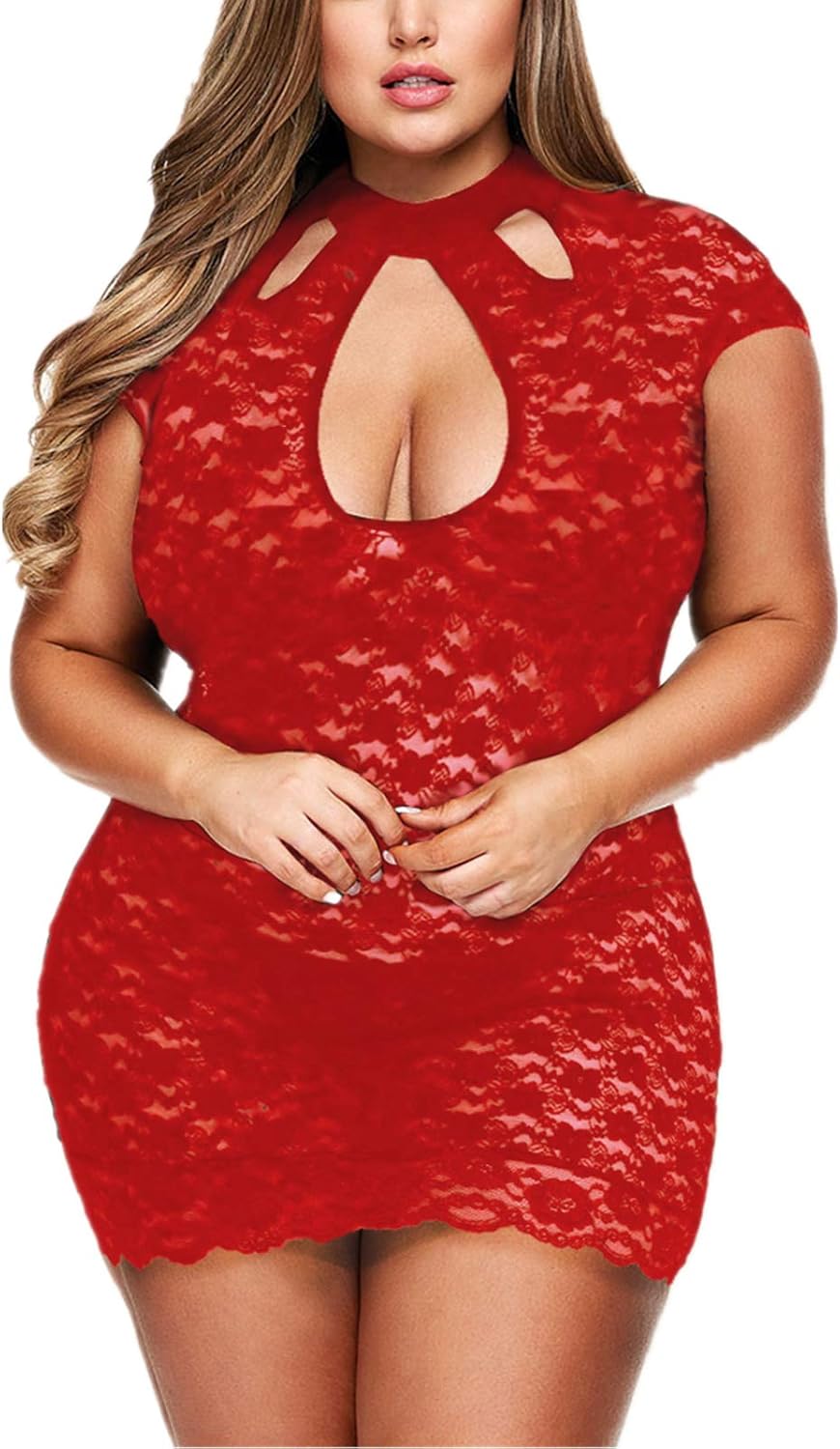 Plus Size Lingerie for Women Bust Keyhole Lace Babydoll Chemise Mesh Sleepwear