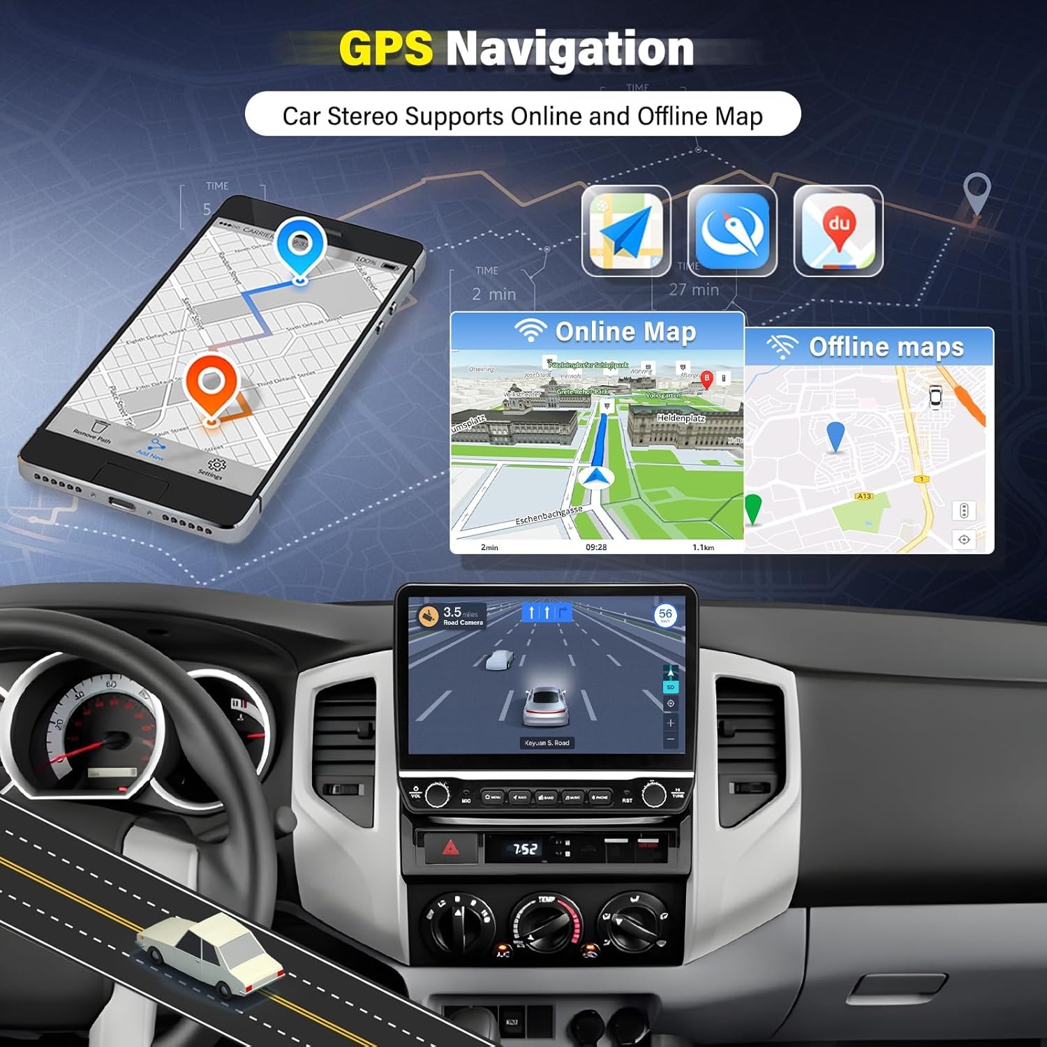 10" Android 13 Double Din Car Stereo for Toyota Tacoma 2005-2013 w/Wireless Carplay Android Auto IPS Car Audio Receiver w/WiFi GPS Bluetooth AHD Backup Camera Mic,SWC/AV in/FM Radio Receiver