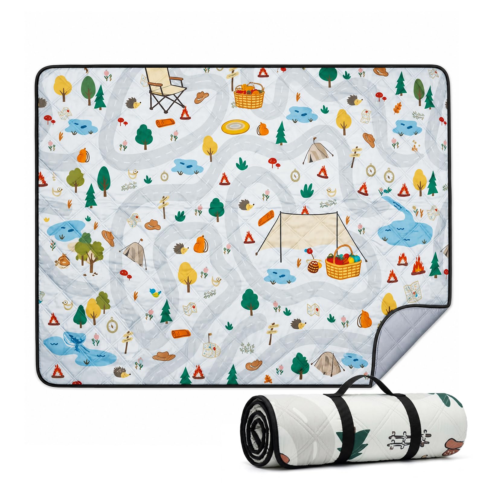 Picnic Blanket Waterproof 200cm x 150cm Quilted Trail Pattern Wipeable Lightweight Cotton Foldable Sandproof Machine Washable Outdoor Mat for Park, Beach