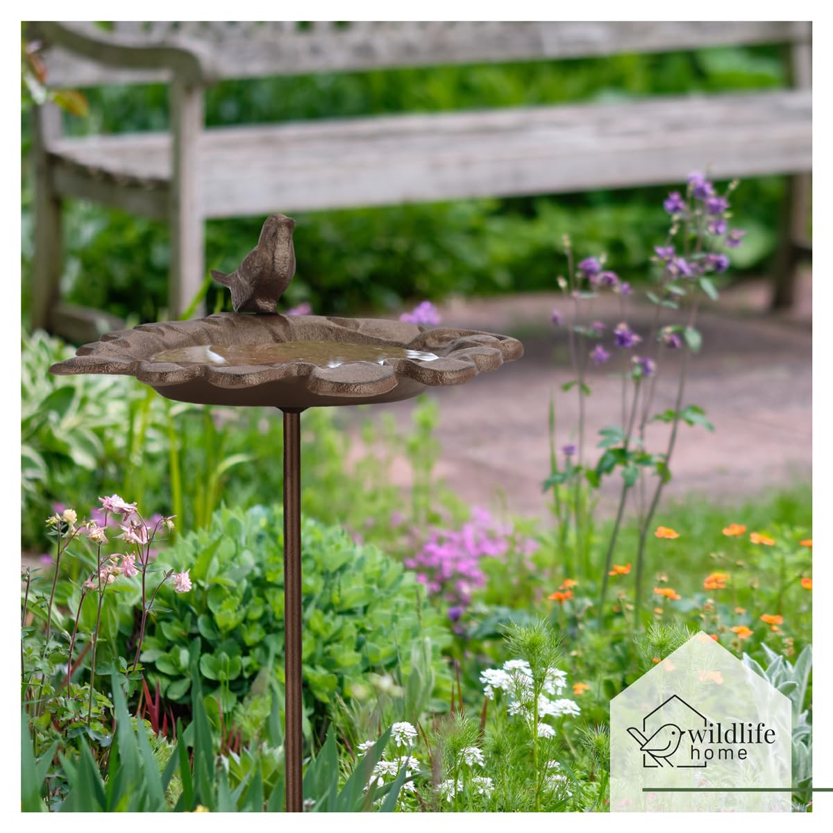 wildlife home Bain d'oiseaux debout sur piquet en fonte en forme de feuille - Bain d'oiseaux pour jardin, balcon - Résistant au gel - En fonte - Pour oiseaux sauvages