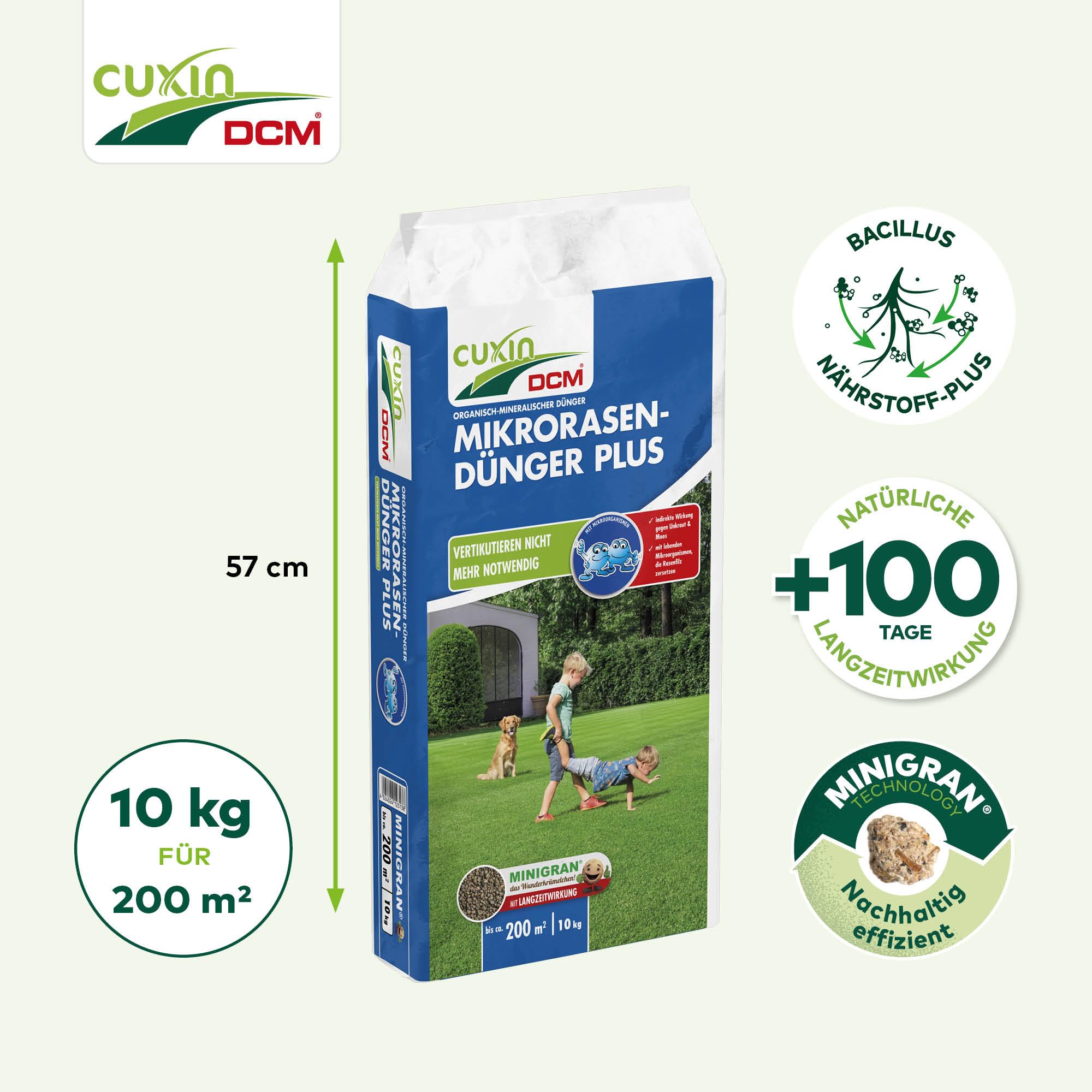 CUXIN DCM Mikrorasen-Dünger Plus - Langzeit Rasendünger - MINIGRAN® TECHNOLOGY - Kein Vertikutieren nötig - organisch-mineralischer NPK-Dünger- 10 KG für 200qm
