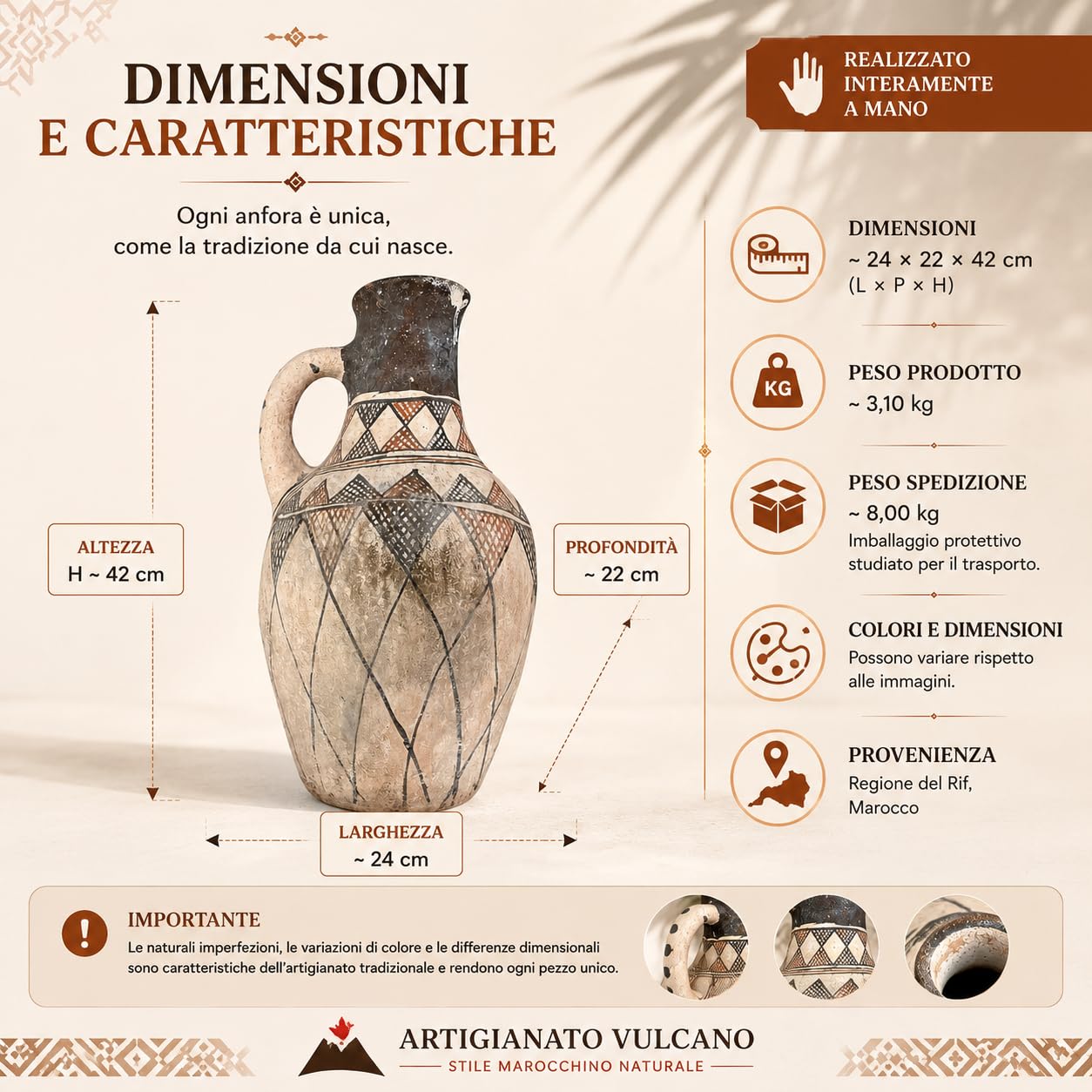 Vaso Anfora Berbera Marocchina in Terracotta Realizzata a Mano, Anfora Decorativa Artigianale, Stile Etnico per Arredo Casa, Vaso da Pavimento 42 cm