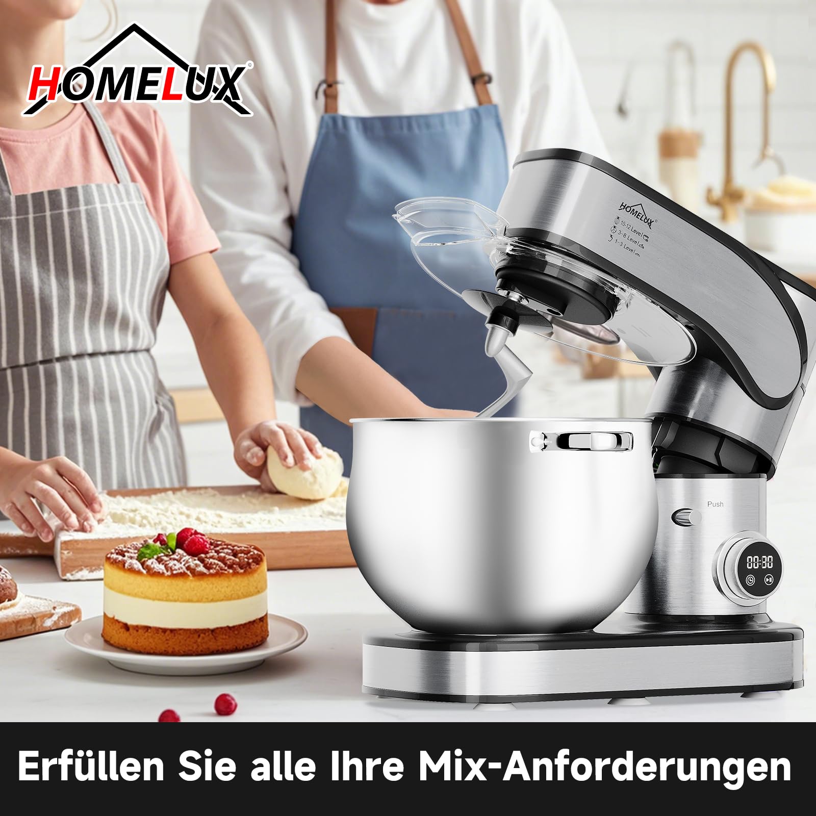 HOMELUX Robot kuchenny 2500 W, maszyna do ugniatania z miską ze stali nierdzewnej o pojemności 12 litrów, 12 stopni prędkości, ekran dotykowy LED, trzepaczka, hak do zagniatania, trzepaczka, szpatułka