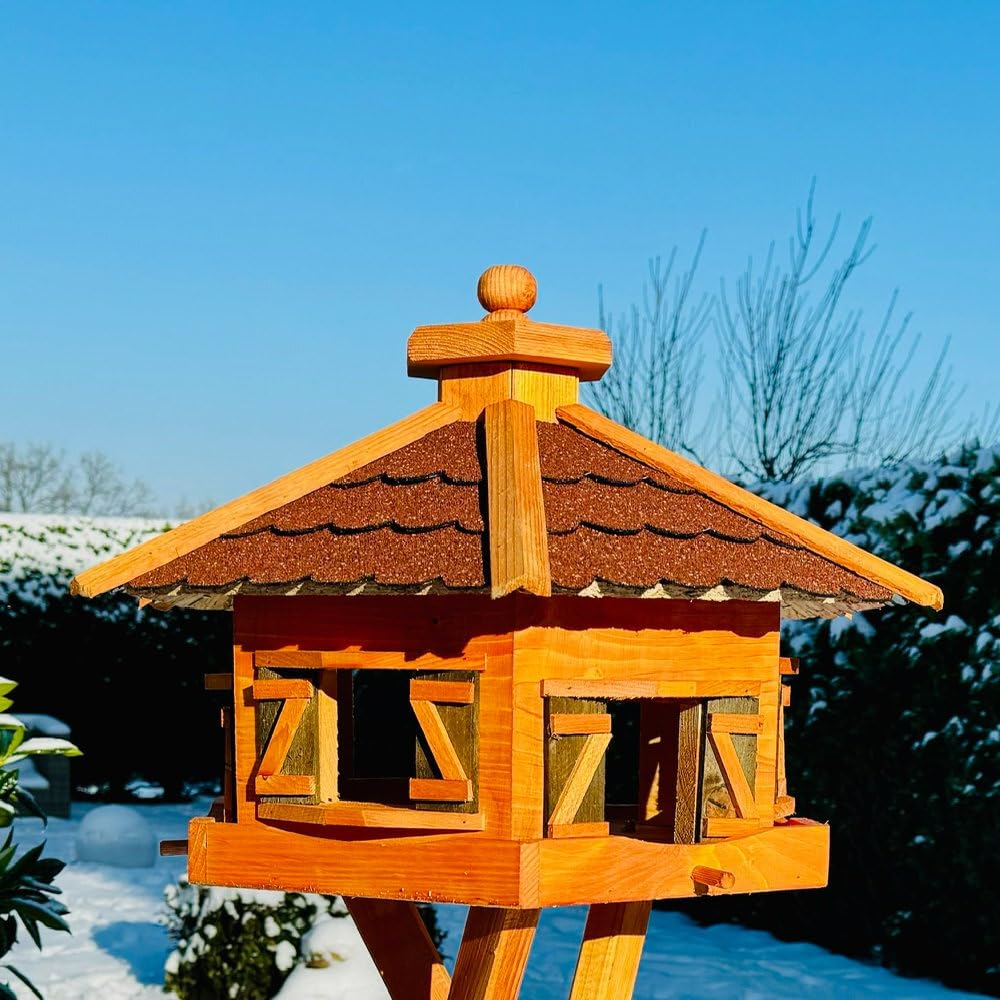 Casetta per uccelli esagonale realizzata a mano, in legno, resistente alle intemperie, XL, con e senza supporto, mangiatoia, mangiatoia, tetto in bitum (rosso, marrone, XL senza supporto)
