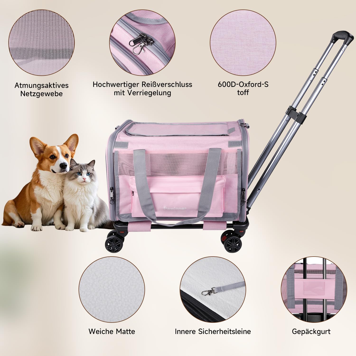Trasportino con ruote, per gatti e cani fino a 9 kg, 45 x 30 x 30 cm, in tessuto Oxford 600D, pieghevole e traspirante, a prova di esplosione, per viaggi, auto, veterinario e aereo, rosa