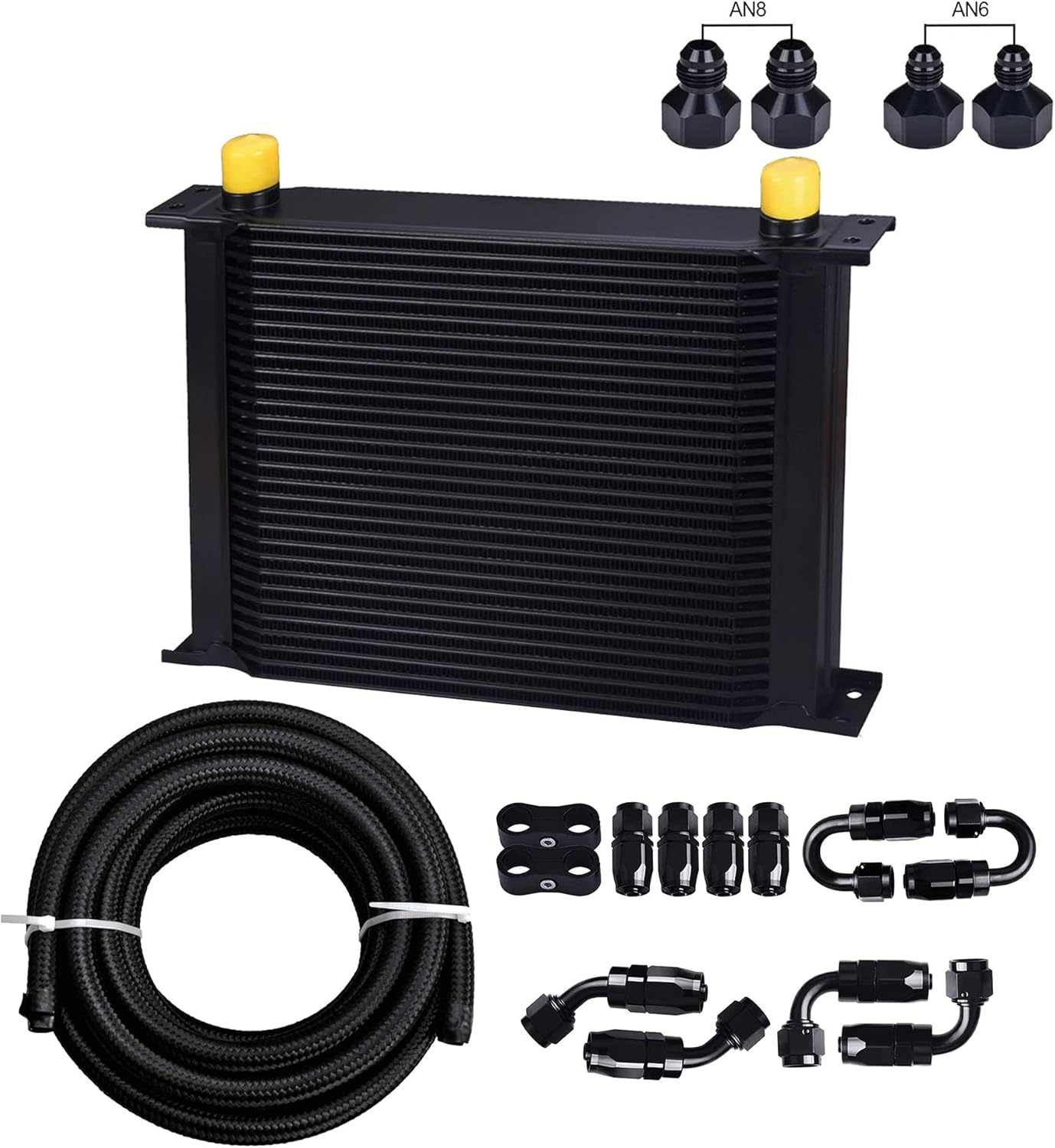 EVIL ENERGY 30 Row AN10-10AN Stacked Plate Oil Cooler 6AN 8AN Adapter Universal Engine Transmission Bundle with 6AN 3/8" Fuel line Hose Fitting Kit Braided Nylon Stainless Steel Oil Gas CPE 20FT Black