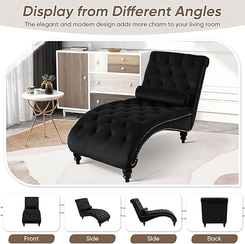 Miniatura 6 de Tumbona de terciopelo negro para interiores con almohada abatible, moderna tumbona rosa, sillas tapizadas de terciopelo sin brazos con botones