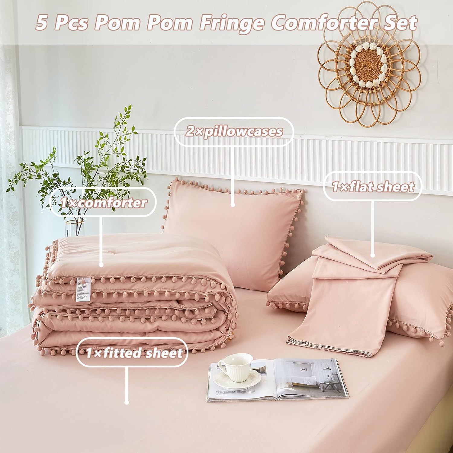 PERFEMET Blush Twin Bed in A Bag for Girls 5 Pcs Boho Pom Pom Bed Comforter Set with Sheets Soft Lightweight Pink Plain Bedding for Kids Teens(Blush, Twin) - Image 3