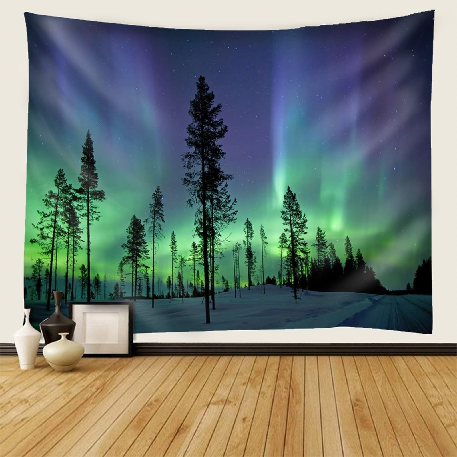 Tapiz bohemio grande, vintage, Aurora y árboles, azul, lila, verde, 240 x 220 cm
